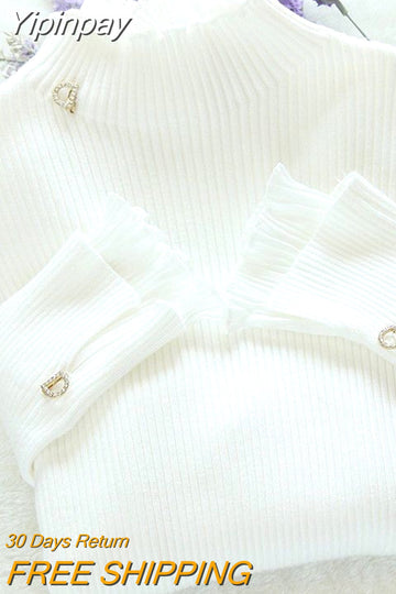 Yipinpay bottoming sweater fake two-piece pullover lace lotus leaf fungus edge collar top female autumn summer new bell sleeves